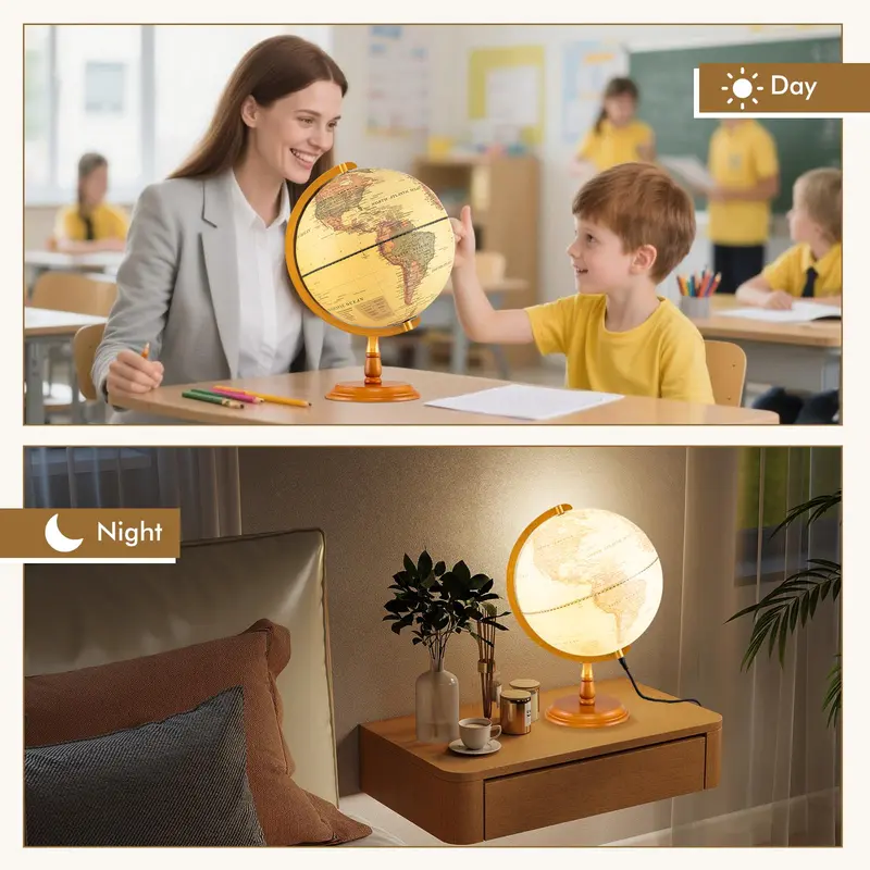 GoPlus-Leuchtkugel mit Drehteller, 30 cm Durchmesser, antik gestylt, mit Holzsockel