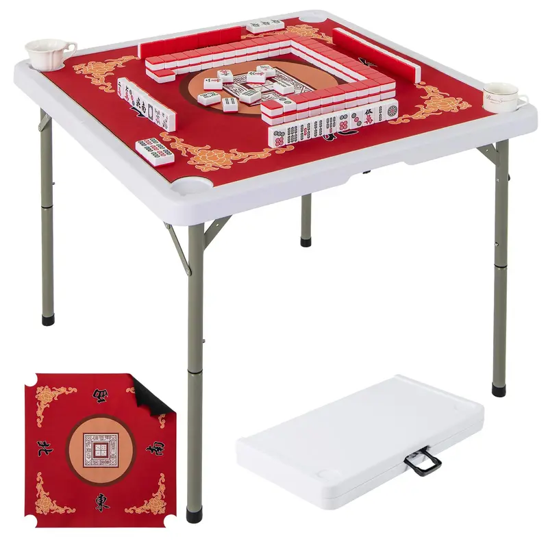 GoPlus Mahjong-Tisch, 35" quadratischer klappbarer Kartentisch mit 4 Getränkehaltern, rutschfestem Untergrund und HDPE-Tischplatte mit abnehmbarer Matte