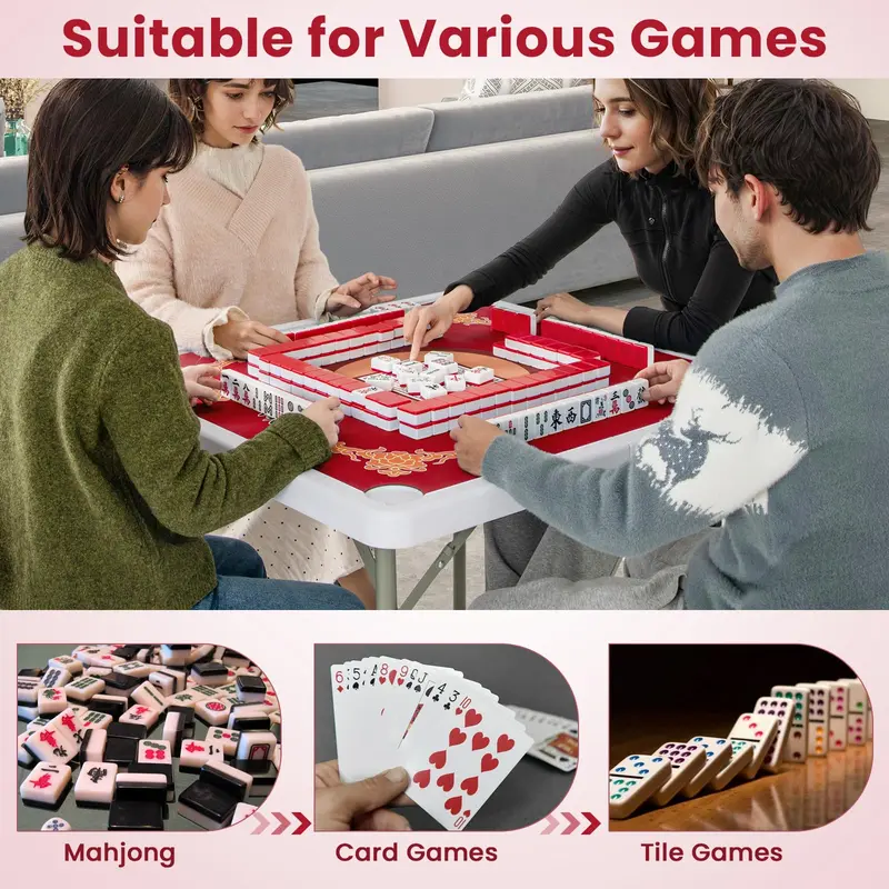 GoPlus Mahjong-Tisch, 35" quadratischer klappbarer Kartentisch mit 4 Getränkehaltern, rutschfestem Untergrund und HDPE-Tischplatte mit abnehmbarer Matte 2