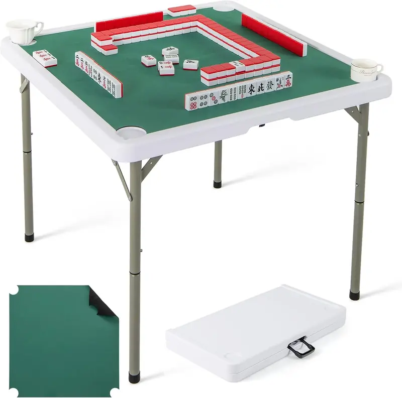 GoPlus Mahjong-Tisch, 35" quadratischer klappbarer Kartentisch mit 4 Getränkehaltern, rutschfestem Untergrund und HDPE-Tischplatte mit abnehmbarer Matte