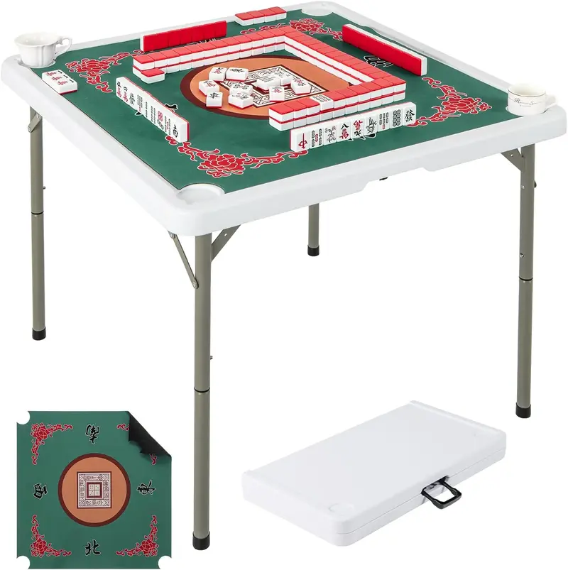 GoPlus Mahjong-Tisch, 35" quadratischer klappbarer Kartentisch mit 4 Getränkehaltern, rutschfestem Untergrund und HDPE-Tischplatte mit abnehmbarer Matte
