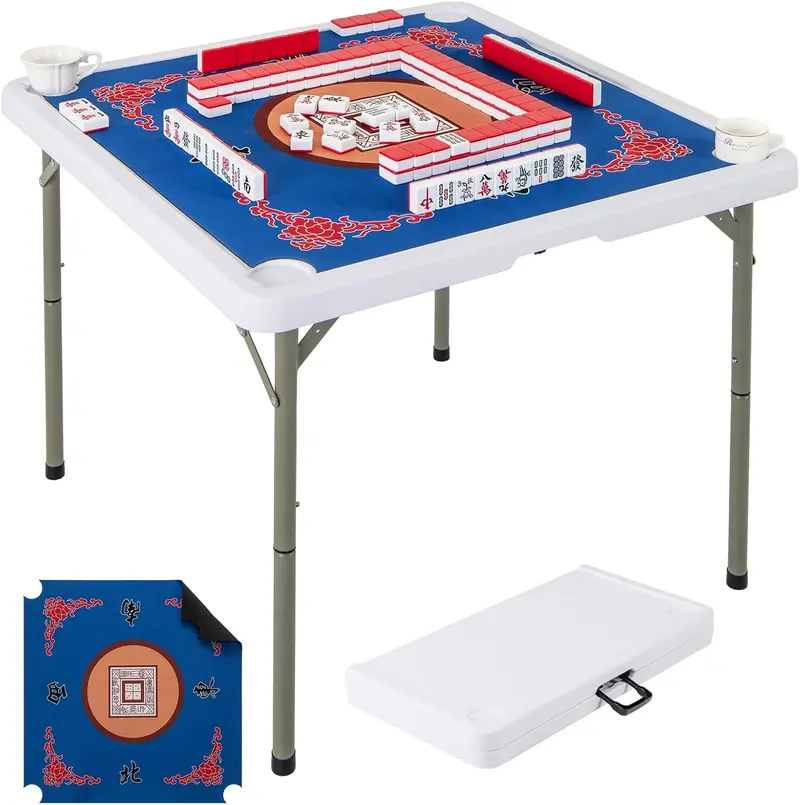 GoPlus Mahjong-Tisch, 35" quadratischer klappbarer Kartentisch mit 4 Getränkehaltern, rutschfestem Untergrund und HDPE-Tischplatte mit abnehmbarer Matte