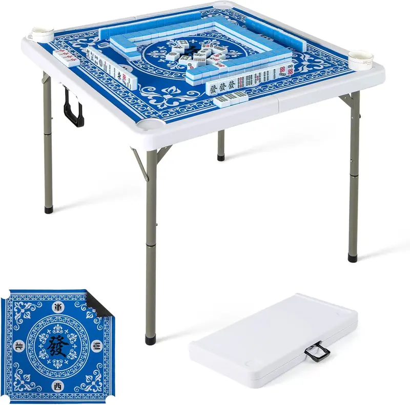 GoPlus Mahjong-Tisch, 35" quadratischer klappbarer Kartentisch mit 4 Getränkehaltern, rutschfestem Untergrund und HDPE-Tischplatte mit abnehmbarer Matte