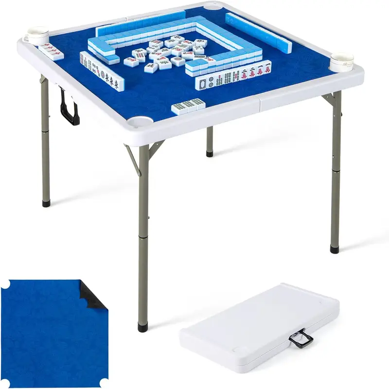 GoPlus Mahjong-Tisch, 35" quadratischer klappbarer Kartentisch mit 4 Getränkehaltern, rutschfestem Untergrund und HDPE-Tischplatte mit abnehmbarer Matte