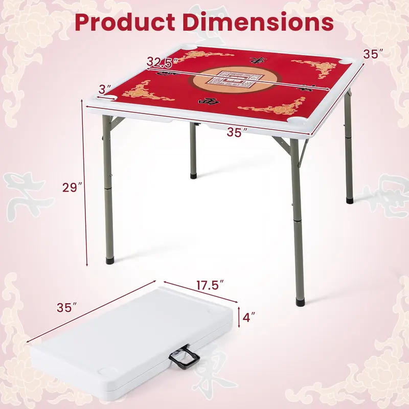 GoPlus Mahjong-Tisch, 35" quadratischer klappbarer Kartentisch mit 4 Getränkehaltern, rutschfestem Untergrund und HDPE-Tischplatte mit abnehmbarer Matte
