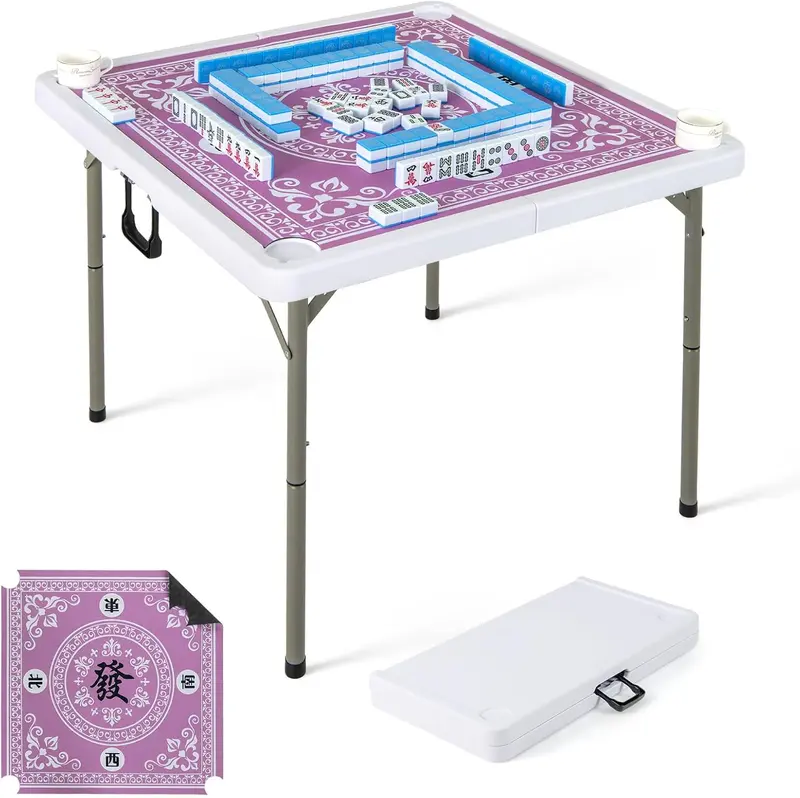 GoPlus Mahjong-Tisch, 35" quadratischer klappbarer Kartentisch mit 4 Getränkehaltern, rutschfestem Untergrund und HDPE-Tischplatte mit abnehmbarer Matte