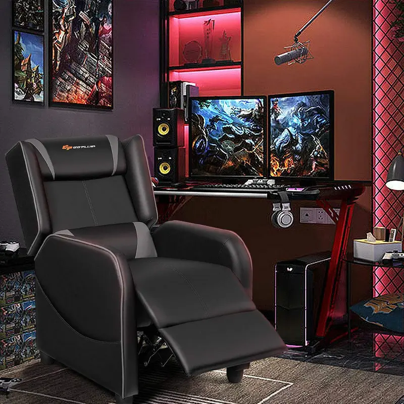 Goplus Massage-Gaming-Sessel mit Liegefunktion, Rennstilsessel aus Kunstleder mit Fußstütze 2