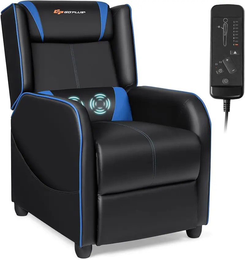 Goplus Massage-Gaming-Sessel mit Liegefunktion, Rennstilsessel aus Kunstleder mit Fußstütze