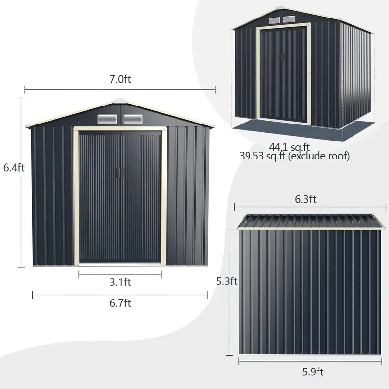 Goplus Metall-Aufbewahrungsschuppen 2,13 x 1,92 m / 2,74 x 1,83 m / 2,74 x 2,44 m für den Außenbereich mit 4 Lüftungsöffnungen und doppelter Schiebetür