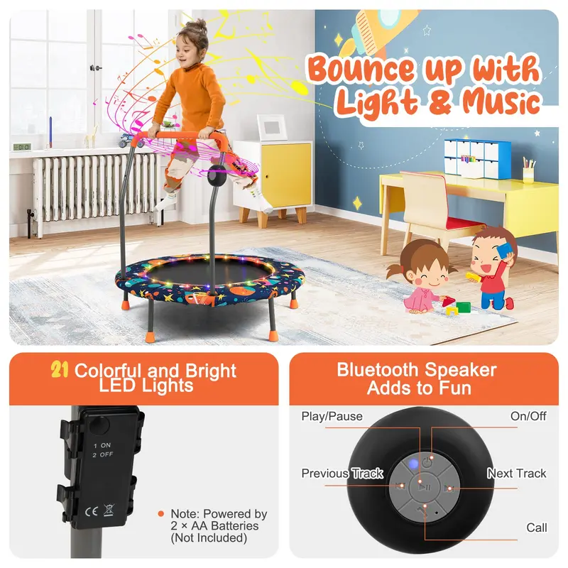 Goplus Minitrampolin für Kinder, 92 cm (36 Zoll), mit LED-Leuchten und Bluetooth-Lautsprecher
