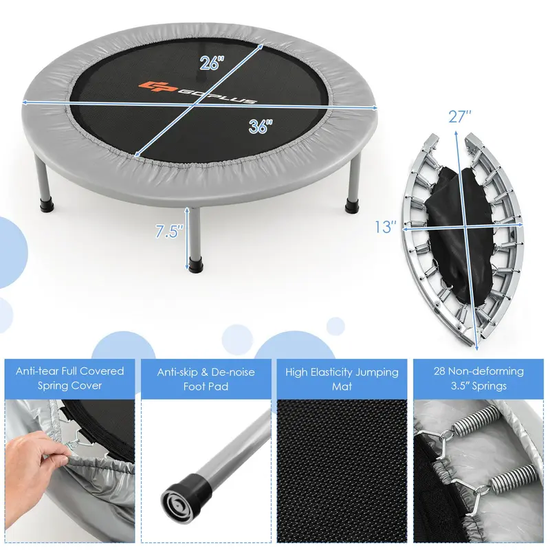 Goplus Minitrampolin mit Klappfunktion, 36 Zoll (ca. 91 cm) faltbares Fitness-Trampolin für Erwachsene