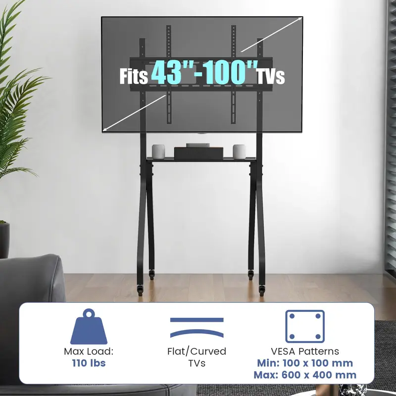 GoPlus Mobile TV-Ständer, rollbarer TV-Wagen für flache oder gebogene Bildschirme von 43–100 Zoll bis zu 50 kg, maximale VESA-Kompatibilität 600 × 400 mm, schwarz