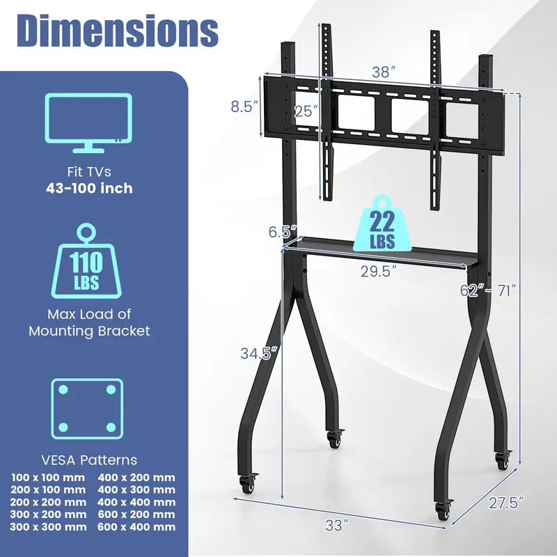 GoPlus Mobile TV-Ständer, rollbarer TV-Wagen für flache oder gebogene Bildschirme von 43–100 Zoll bis zu 50 kg, maximale VESA-Kompatibilität 600 × 400 mm, schwarz