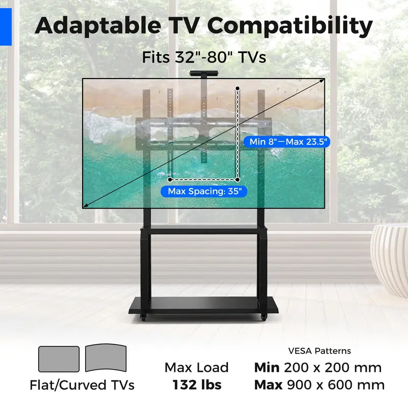 GoPlus Mobile TV-Ständer, rollender TV-Wagen mit Kameraschale und AV-Ablagen 2