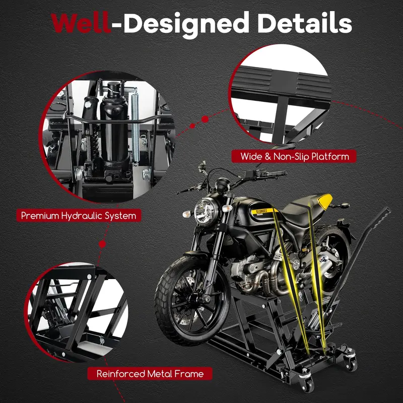 GoPlus-Motorradhebebock mit 680 kg Tragkraft, hydraulischer Motorradheber mit Fußplatten und langem Griff