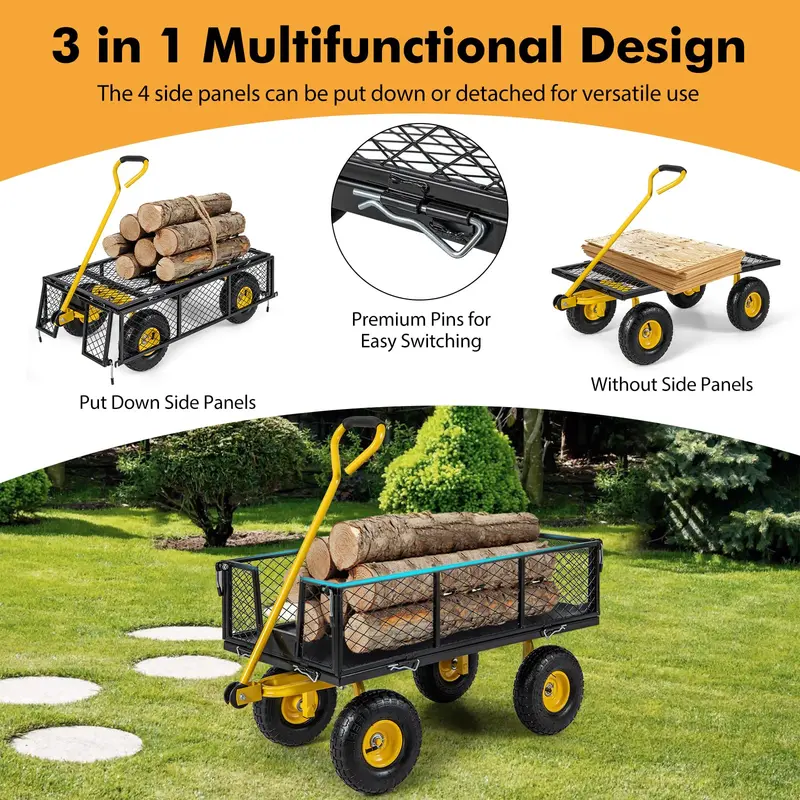 GoPlus Nutzwagen für den Garten, Außen-Plattformwagen mit 4 abnehmbaren Seitenteilen, Tragfähigkeit bis zu 408 kg (109 cm x 53 cm x 91 cm)