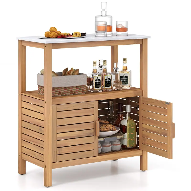 Goplus Outdoor-Acacia-Holz-Buffetschrank mit marmoriertem Arbeitsplatte (31,5" × 16" × 35,5")