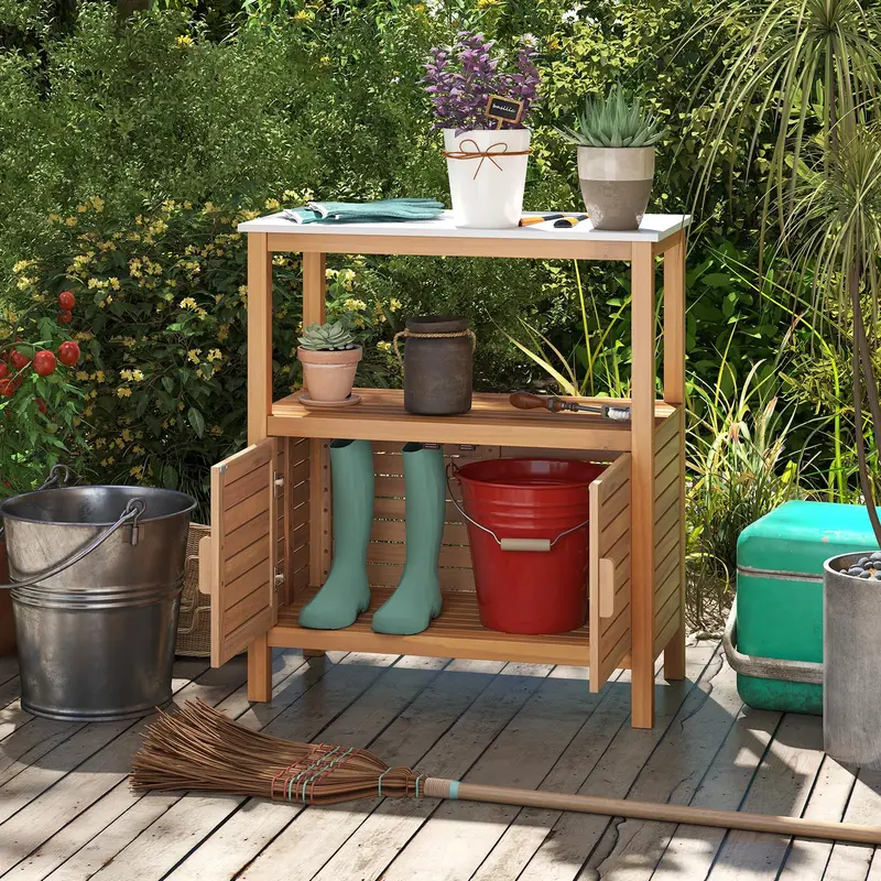 Goplus Outdoor-Acacia-Holz-Buffetschrank mit marmoriertem Arbeitsplatte (31,5" × 16" × 35,5") 2