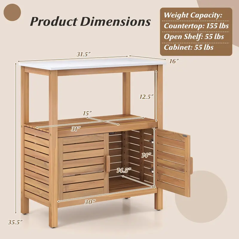 Goplus Outdoor-Acacia-Holz-Buffetschrank mit marmoriertem Arbeitsplatte (31,5" × 16" × 35,5")