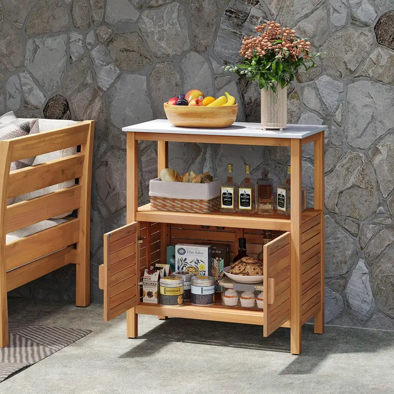Goplus Outdoor-Acacia-Holz-Buffetschrank mit marmoriertem Arbeitsplatte (31,5" × 16" × 35,5")