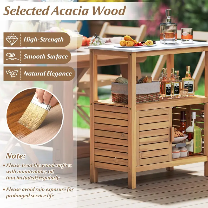 Goplus Outdoor-Acacia-Holz-Buffetschrank mit marmoriertem Arbeitsplatte (31,5" × 16" × 35,5")