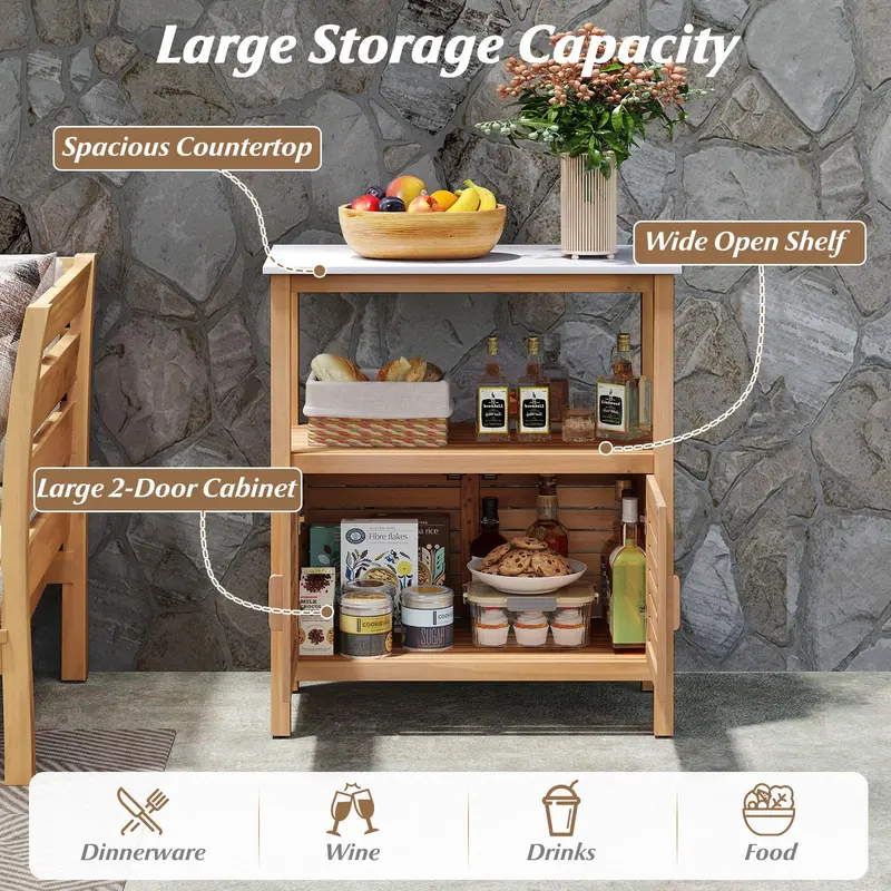 Goplus Outdoor-Acacia-Holz-Buffetschrank mit marmoriertem Arbeitsplatte (31,5" × 16" × 35,5")