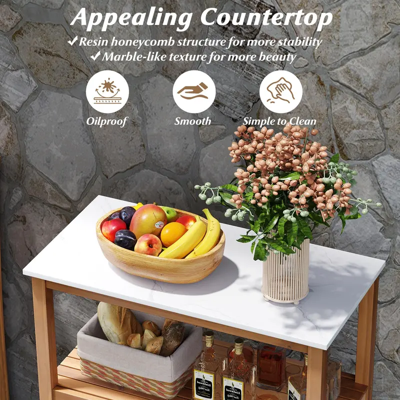 Goplus Outdoor-Acacia-Holz-Buffetschrank mit marmoriertem Arbeitsplatte (31,5" × 16" × 35,5")