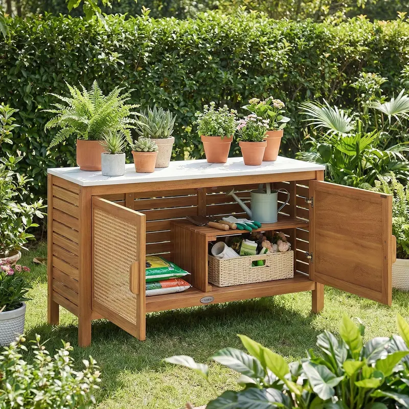 Goplus Outdoor-Acacia-Holz-Schrank für Außenbereich mit Kunst-Marmorplatte