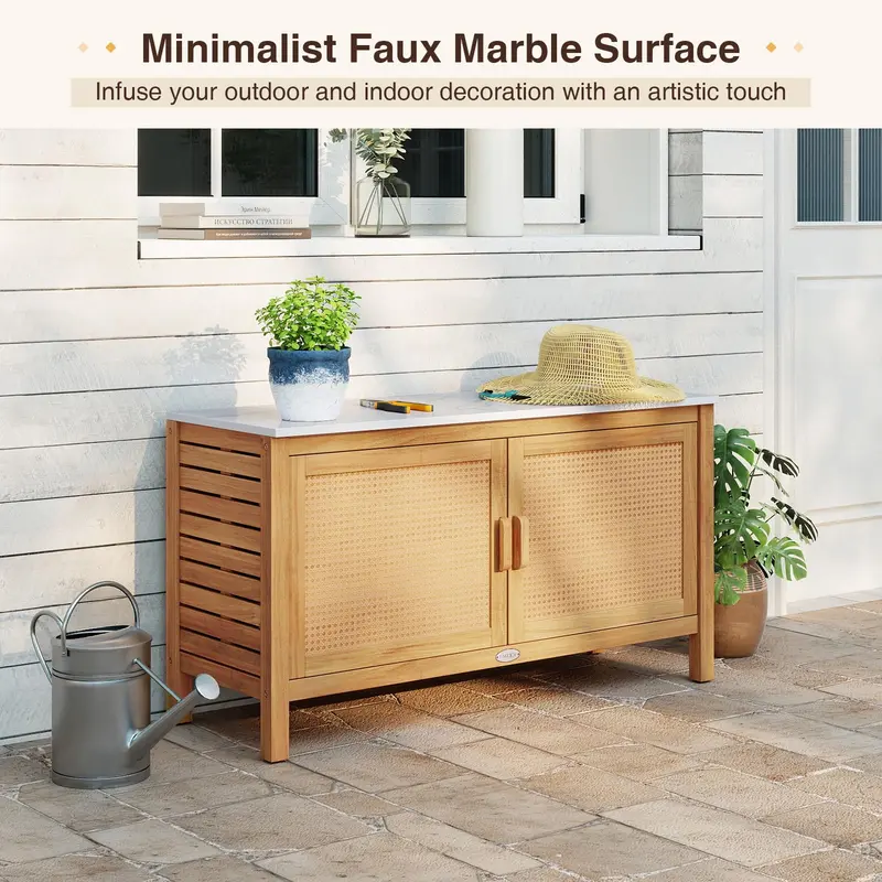 Goplus Outdoor-Acacia-Holz-Schrank für Außenbereich mit Kunst-Marmorplatte