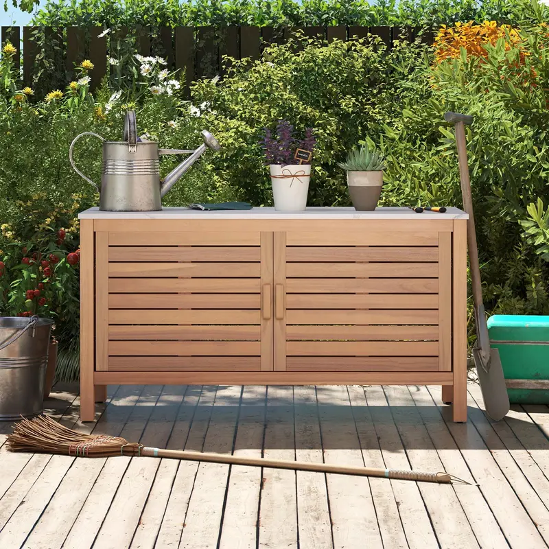 Goplus Patio-Aufbewahrungsbox mit 2 Türen aus Akazienholz und Kunst-Marmorplatte 2