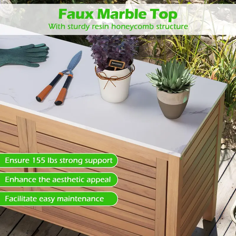 Goplus Patio-Aufbewahrungsbox mit 2 Türen aus Akazienholz und Kunst-Marmorplatte