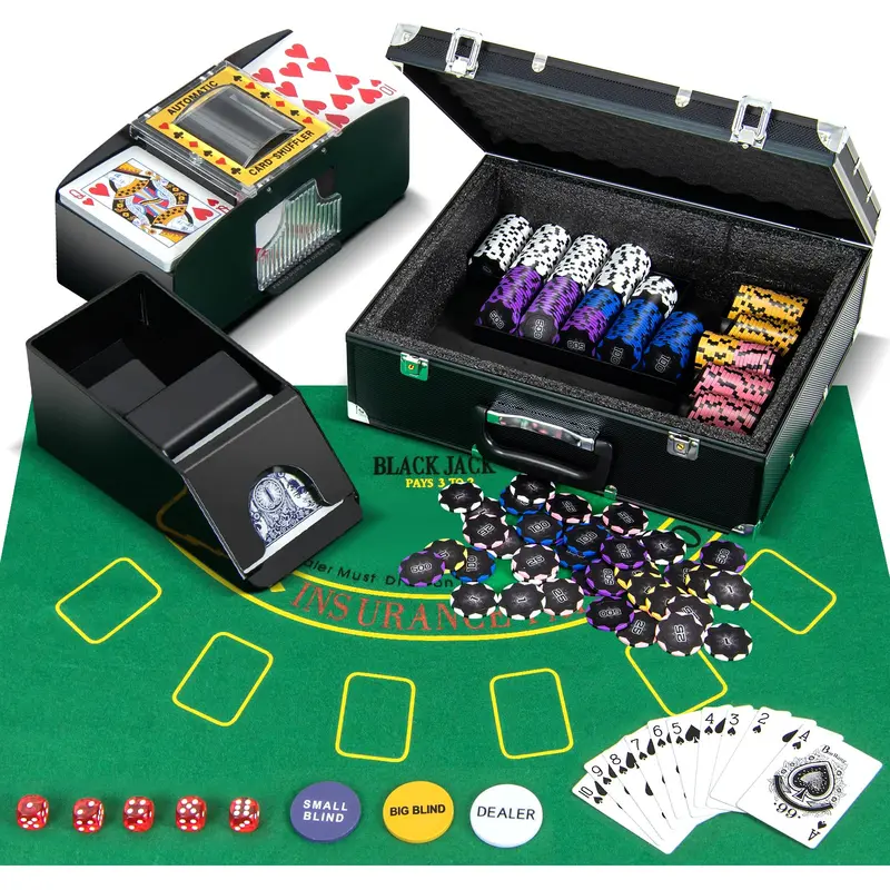 GoPlus-Pokerchip-Set, 300 Stück 14-g-Clay-Pokerchips mit Aufbewahrungsbox und automatischem Kartenschüttler