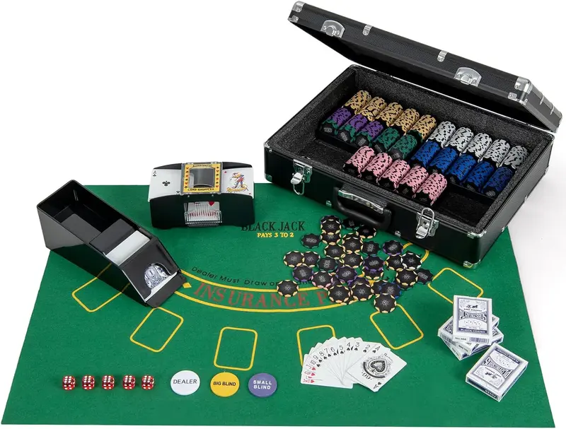 GoPlus-Pokerchip-Set, 300 Stück 14-g-Clay-Pokerchips mit Aufbewahrungsbox und automatischem Kartenschüttler