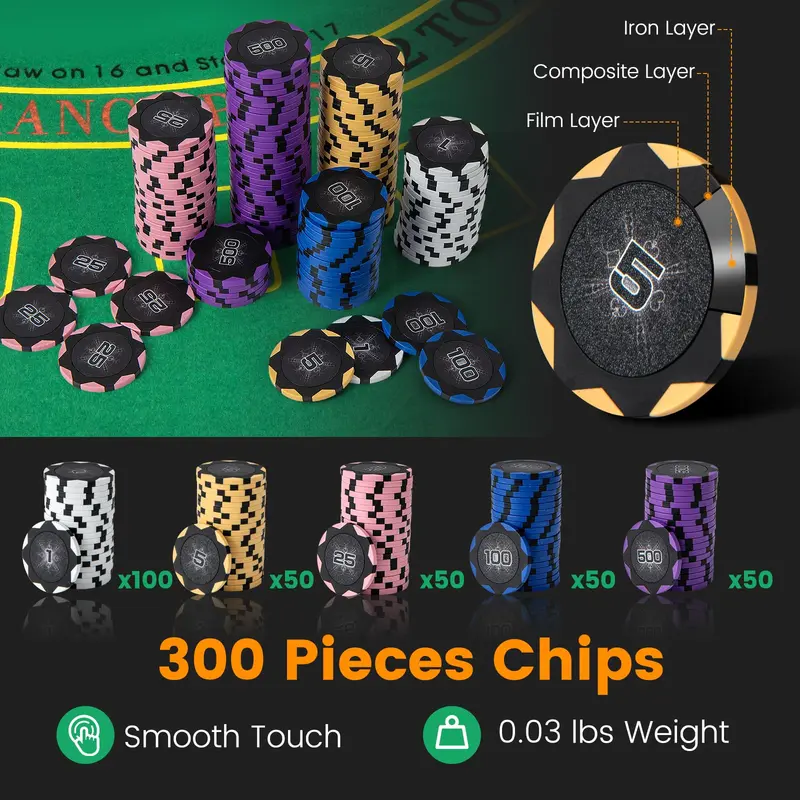 GoPlus-Pokerchip-Set, 300 Stück 14-g-Clay-Pokerchips mit Aufbewahrungsbox und automatischem Kartenschüttler