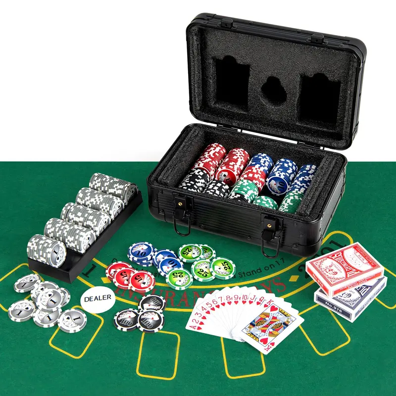 GoPlus-Pokerchip-Set, Casino-Pokerchips mit 300 Stück, 6 Kartendecks, Croupier-Button