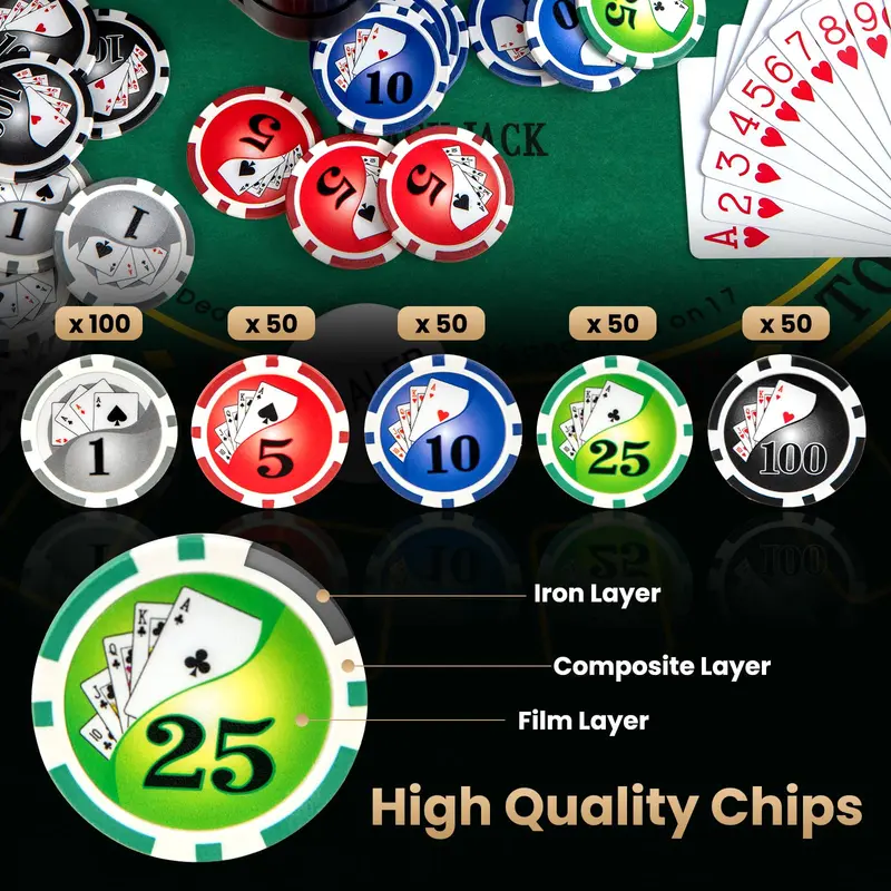 GoPlus-Pokerchip-Set, Casino-Pokerchips mit 300 Stück, 6 Kartendecks, Croupier-Button