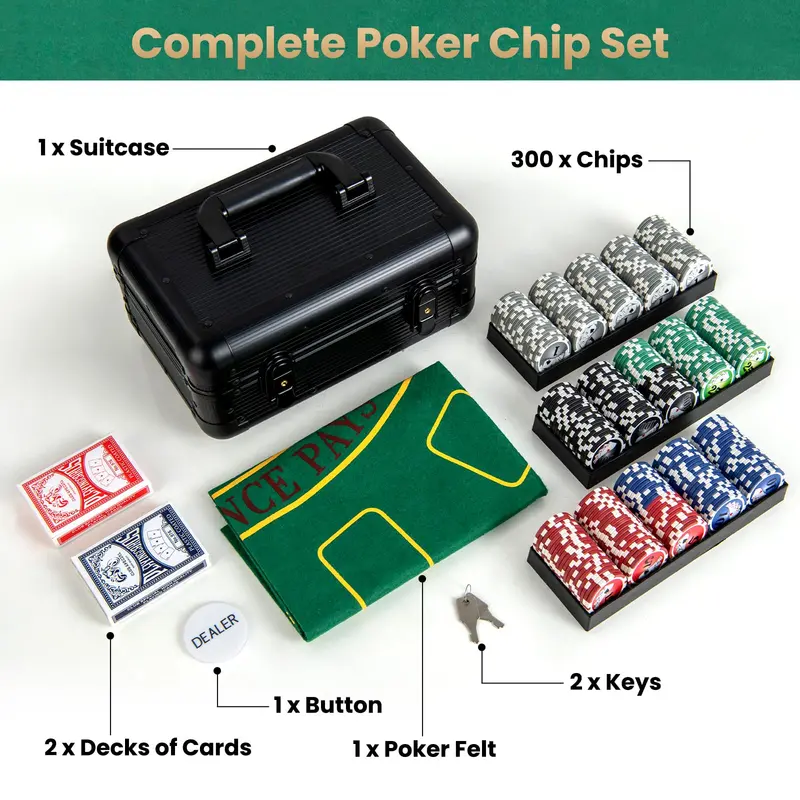 GoPlus-Pokerchip-Set, Casino-Pokerchips mit 300 Stück, 6 Kartendecks, Croupier-Button