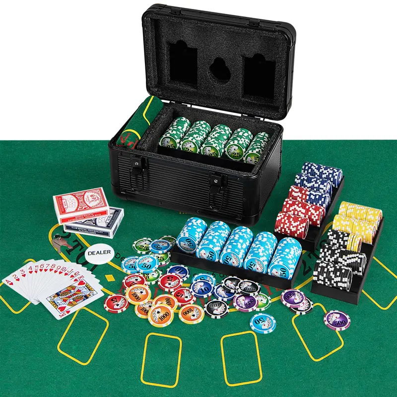 GoPlus-Pokerchip-Set, Casino-Pokerchips mit 600 Stück, 6 Kartendecks, Dealer-Button
