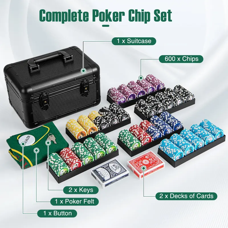 GoPlus-Pokerchip-Set, Casino-Pokerchips mit 600 Stück, 6 Kartendecks, Dealer-Button
