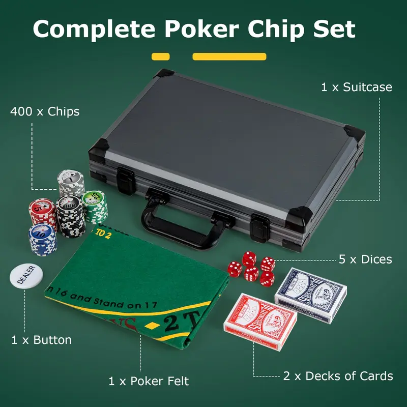 Goplus Pokerspiel-Set mit Pokerchips, 400 Chips, 6 Kartendecks, Croupier-Button 2