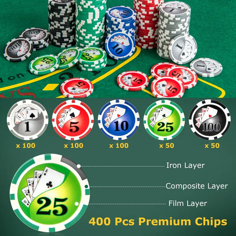 Goplus Pokerspiel-Set mit Pokerchips, 400 Chips, 6 Kartendecks, Croupier-Button