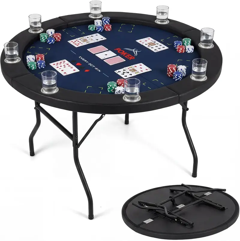 Goplus Pokertisch für 8 Spieler, rund, 122 cm Durchmesser, Casino-Stil für Texas Hold’em und andere Kartenspiele, mit Metallgestell 2