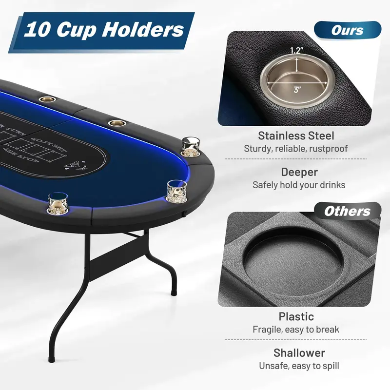 GoPlus Pokertisch, klappbar, 213 cm, mit LED-Beleuchtung für Texas Hold'em und Blackjack