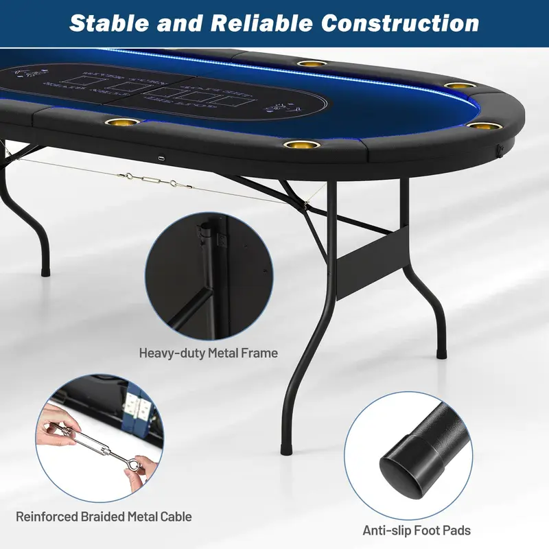 GoPlus Pokertisch, klappbar, 213 cm, mit LED-Beleuchtung für Texas Hold'em und Blackjack