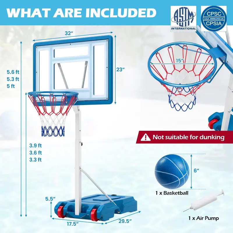 Goplus Pool-Basketballkorb mit 3 Höhenstufen, verstellbares Basketballtor mit bruchsicherer 32"-Rückwand