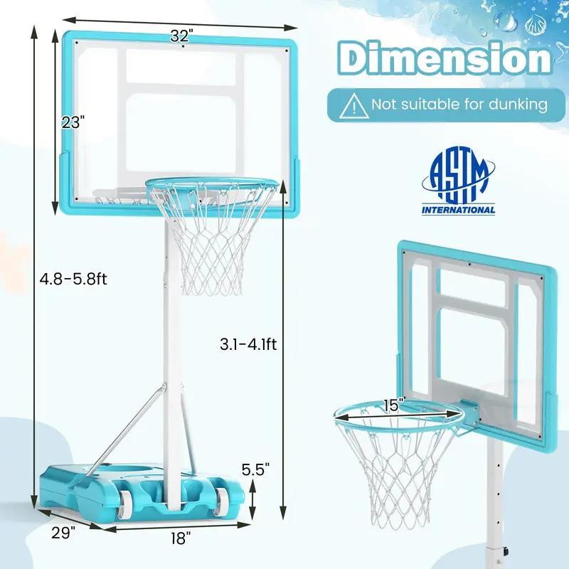 Goplus Poolside Basketballkorb mit verstellbarer Höhe (0,96–1,25 m) und 82 cm bruchsicherem Rückwandpaneel
