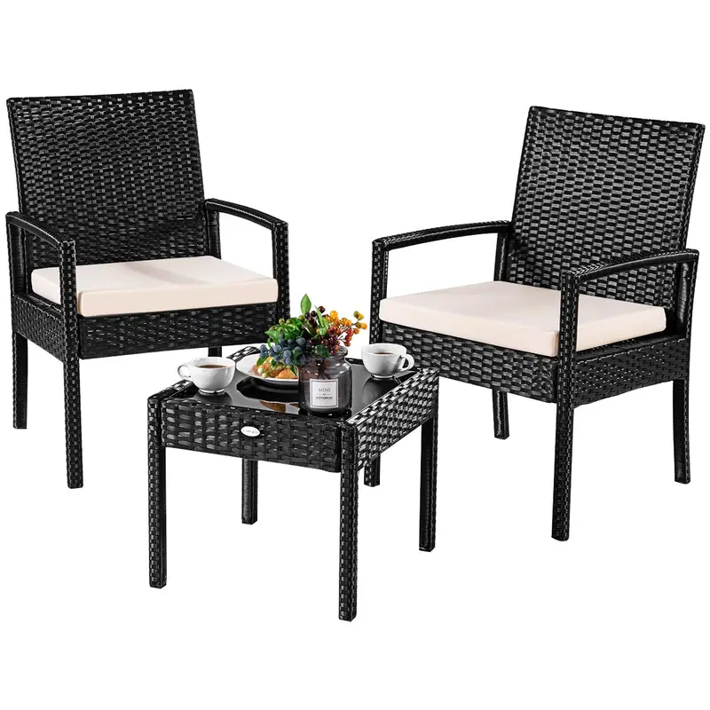 GoPlus-Rattan-Möbelset für den Außenbereich – Terrasse, Garten und Hinterhof, 3-teiliges Korbmöbel-Set für Gespräche