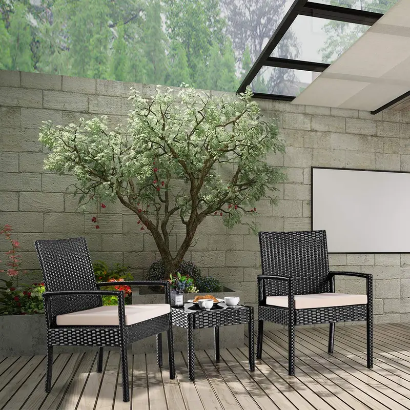 GoPlus-Rattan-Möbelset für den Außenbereich – Terrasse, Garten und Hinterhof, 3-teiliges Korbmöbel-Set für Gespräche