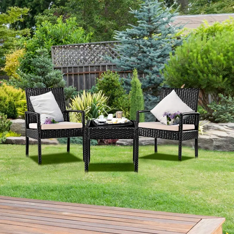 GoPlus-Rattan-Möbelset für den Außenbereich – Terrasse, Garten und Hinterhof, 3-teiliges Korbmöbel-Set für Gespräche
