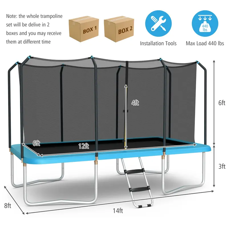 Goplus Rechteckiges Trampolin, 244 x 427 cm, Trampolin mit Sicherheitsnetz und rutschfestem Trittbrett für bis zu 200 kg